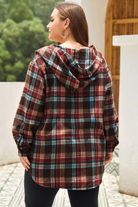 Adorable in Plaid Drawstring Plaid Quarter Button Hoodie