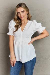 Sweet Serenity V-Neck Puff Sleeve Button Down Top in White