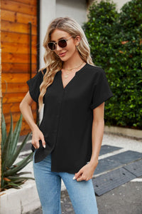 Keeping It Sweet Notched Neck Cuffed Sleeve Shirt (multiple color options)