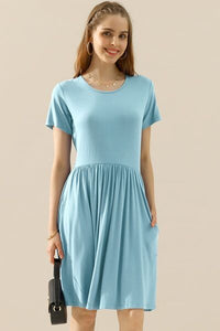 Ready On The Daily Round Neck Ruched Dress with Pockets (multiple color options)