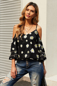 Capture Attention Printed Cold-Shoulder Three-Quarter Flare Sleeve Blouse