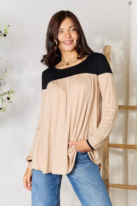 Just For You Contrast Long Sleeve Ruched Blouse
