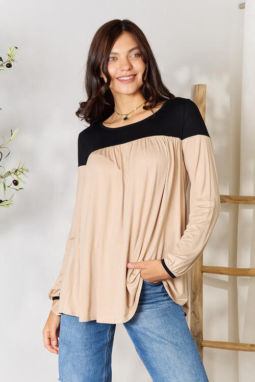Just For You Contrast Long Sleeve Ruched Blouse