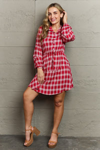 Check Mate Plaid Band Collar Drawstring Shirt Dress (2 color options)