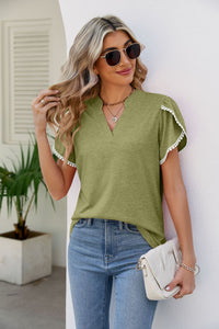 Enjoy The Little Things Pom-Pom Trim Petal Sleeve Notched Neck Top (multiple color options)