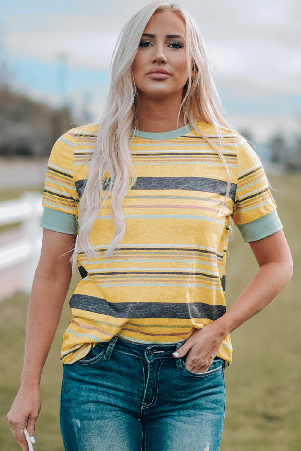 The Noon Rush Multicolored Striped Round Neck Tee Shirt