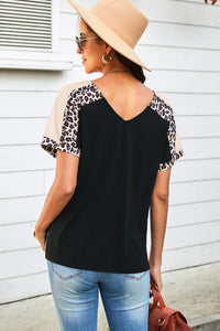 Midnight Run Leopard Sleeve Side Slit Tee-Shirt