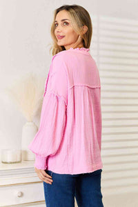 Feel the Romance Exposed Seam Buttoned Notched Neck Blouse