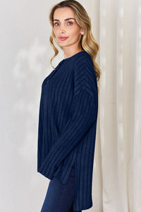 Everyday Basic Ribbed Half Button Long Sleeve High-Low Top (multiple color options)