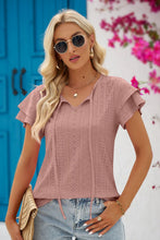 Load image into Gallery viewer, The Simple Touches Eyelet Tie-Neck Flutter Sleeve Blouse (multiple color options)
