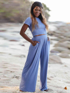 Simple Chic Short Sleeve T-Shirt and Wide Leg Pants Set (multiple color options)