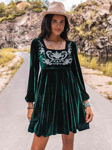 Finding Romance Embroidered Square Neck Long Sleeve Dress