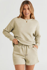 Leisure Luxe Texture Long Sleeve Top and Drawstring Shorts Set (multiple color options)