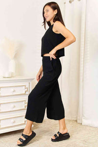 You're Worth It Buttoned Round Neck Tank and Wide Leg Pants Set