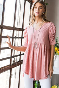 Easy To Love Waffle Knit V-Neck Babydoll Top