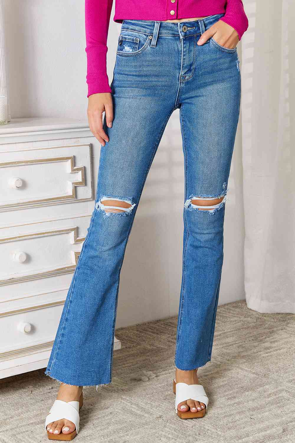 Carla Distressed Raw Hem Bootcut Jeans by Kancan