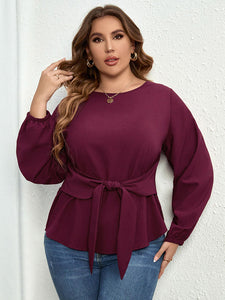 Power Moves Round Neck Tie Waist Long Sleeve Blouse