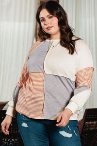 Roaming Sideways Exposed Seam Color Block Round Neck Top