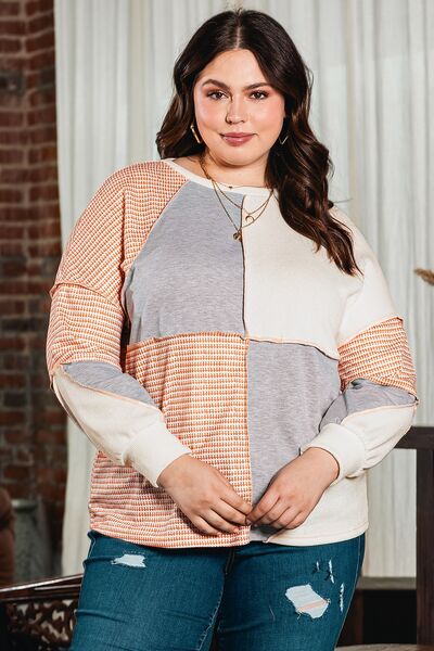 Roaming Sideways Exposed Seam Color Block Round Neck Top