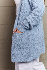 Falling For You Open Front Popcorn Cardigan in Pastel Blue