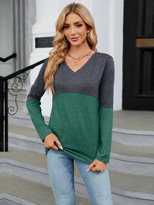 Easy Street V-Neck Long Sleeve Two-Tone Top