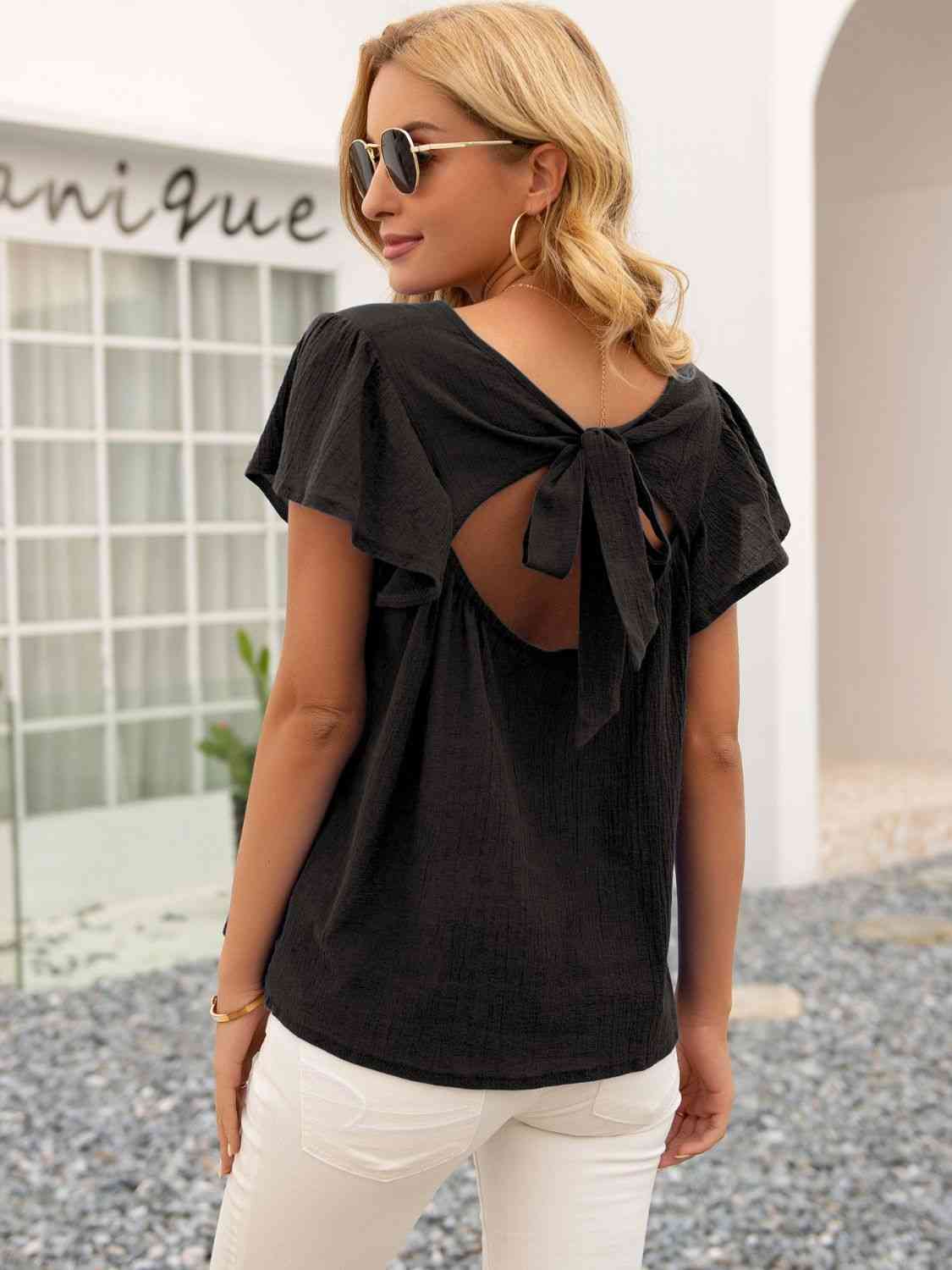 Simply Darling Round Neck Cutout Tie Back Top