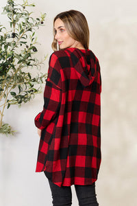 Cozy Christmas Cottage Plaid Button Front Hooded Shirt