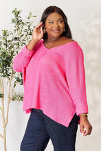 Load image into Gallery viewer, Striking Up a Convo Round Neck High-Low Slit Knit Top in Fuchsia
