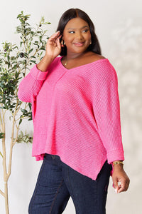 Striking Up a Convo Round Neck High-Low Slit Knit Top in Fuchsia