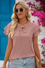 Load image into Gallery viewer, The Simple Touches Eyelet Tie-Neck Flutter Sleeve Blouse (multiple color options)
