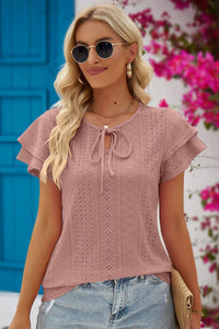 The Simple Touches Eyelet Tie-Neck Flutter Sleeve Blouse (multiple color options)