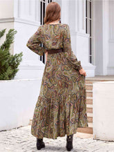 Load image into Gallery viewer, Rusted Boho Vibes Printed Tie Neck Ruffle Hem Long Sleeve Dress
