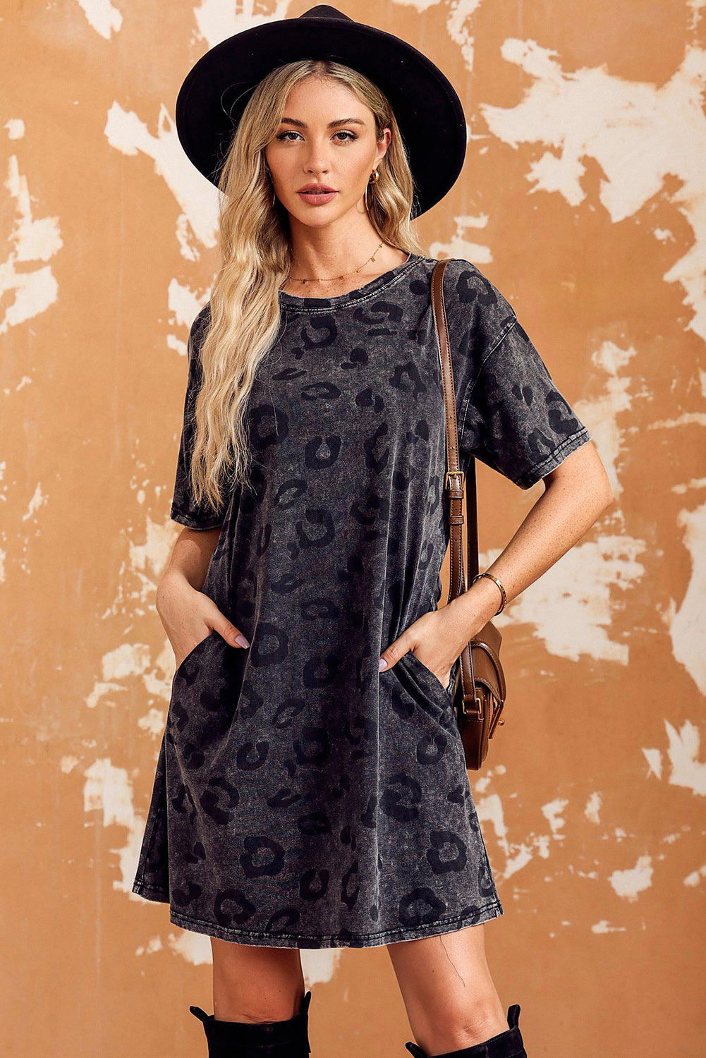 Wildcat Whimsy Leopard Round Neck Dropped Shoulder Dress with Pockets