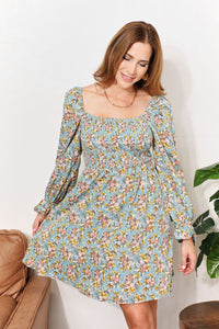 Walk Among The Flowers Floral Smocked Flounce Sleeve Square Neck Dress
