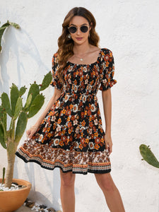 Printed Square Neck Short Sleeve Dress (multiple color options)