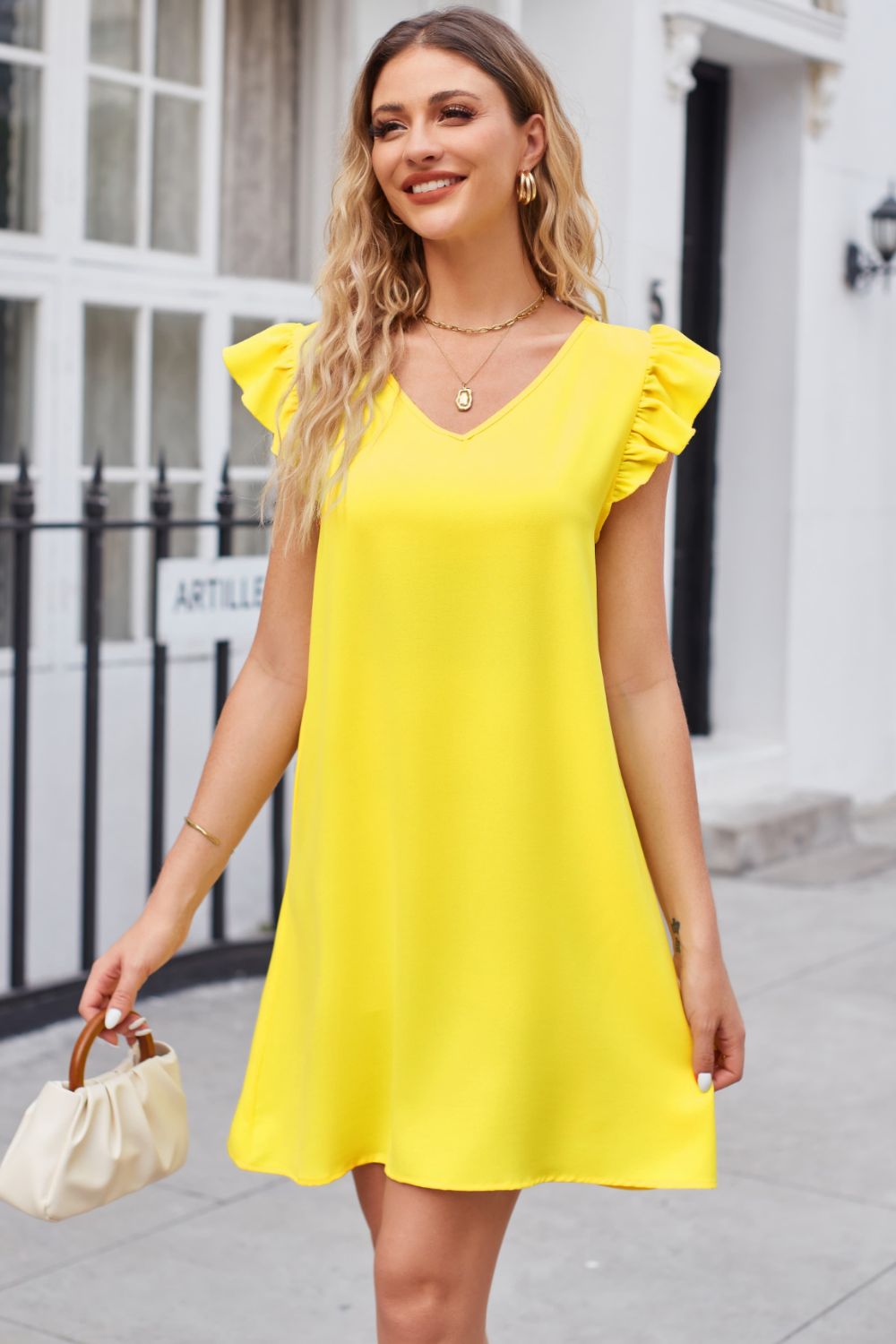 Picture Perfect Ruffled V-Neck Flutter Sleeve Dress (multiple color options)