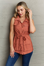 Load image into Gallery viewer, Follow The Light Sleeveless Collared Button Down Top in Brick Red
