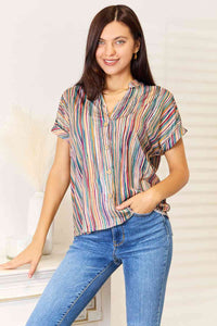 Playful Rhythm Multicolored Stripe Notched Neck Top