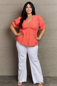 Sweet Serenity V-Neck Puff Sleeve Button Down Top in Coral
