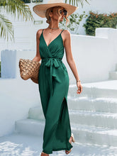 Load image into Gallery viewer, Plunge into Style: Tie Belt Spaghetti Strap Slit Jumpsuit (multiple color options)
