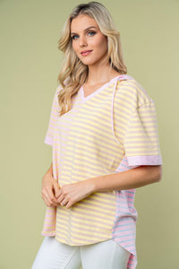 Striped Short Sleeve Drawstring Hooded Top