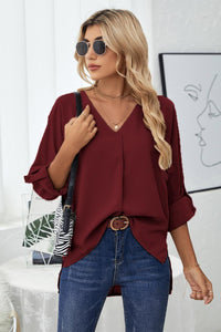 Sweet Intentions Roll-Tab Sleeve V-Neck Blouse (multiple color options)