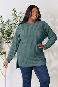 Comfort On Her Mind Ribbed Round Neck Long Sleeve Slit Top  (multiple color options)