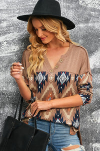 Cowgirl Charm Brown Western Print Buttoned V Neck Top