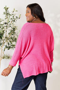 Striking Up a Convo Round Neck High-Low Slit Knit Top in Fuchsia