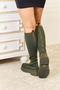 Sock It To Me Knee High Platform Sock Boots in Olive