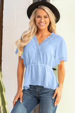 Load image into Gallery viewer, Cast Out Confusion Lace Trim V-Neck Tied Peplum Blouse (multiple color options)
