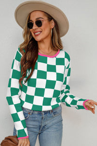 Checkmate Chic Checkered Round Neck Sweater (multiple color options)