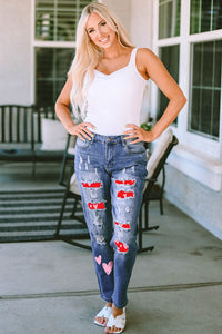 Still The One Heart Pattern Distressed Straight Jeans