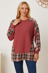 Warm Moments Plaid Round Neck Dropped Shoulder Top